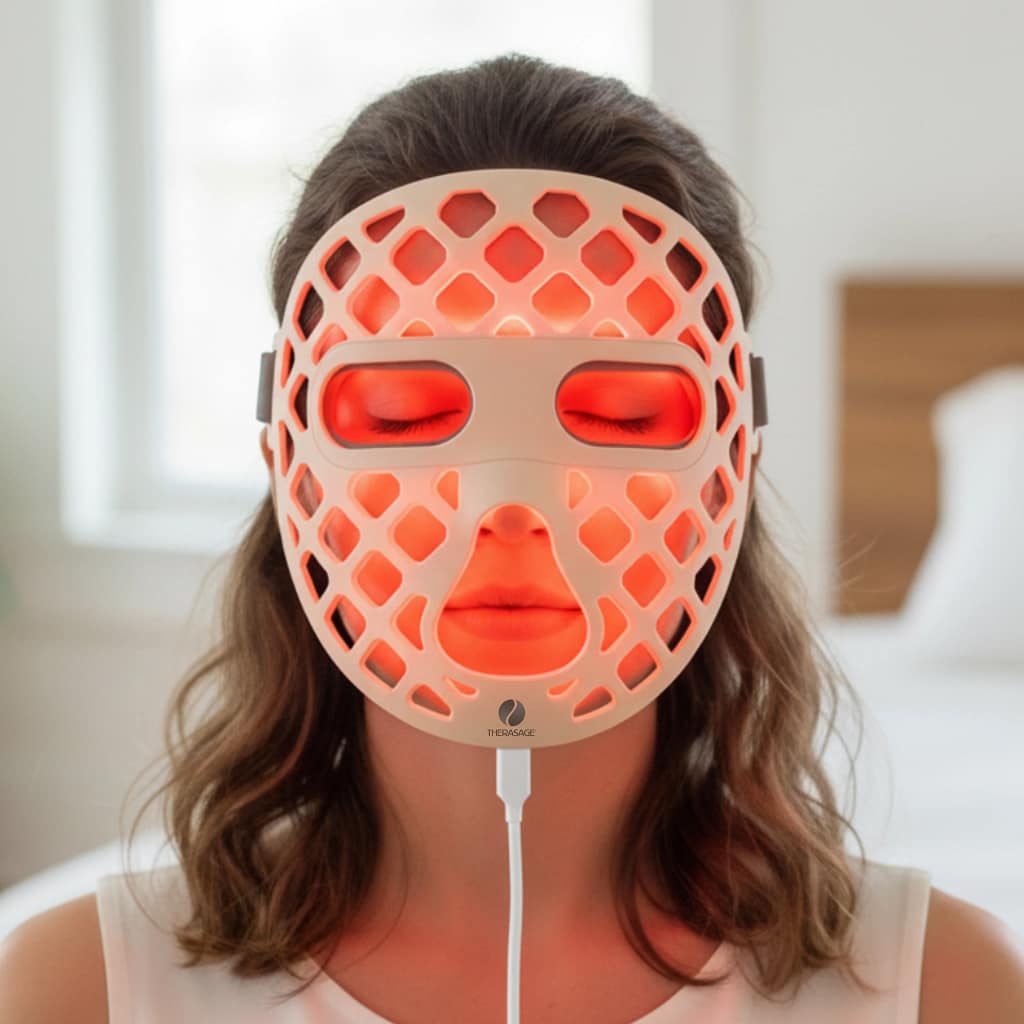 Woman using Therasage TheraGlow Mask2Go+ with red LED wavelength for wrinkle reduction treatment
