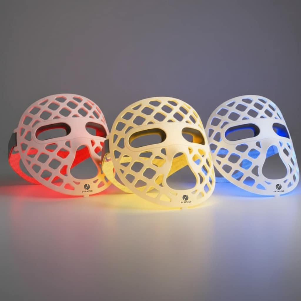 Therasage Mask2Go Plus displaying all three available LED therapy wavelengths side by side