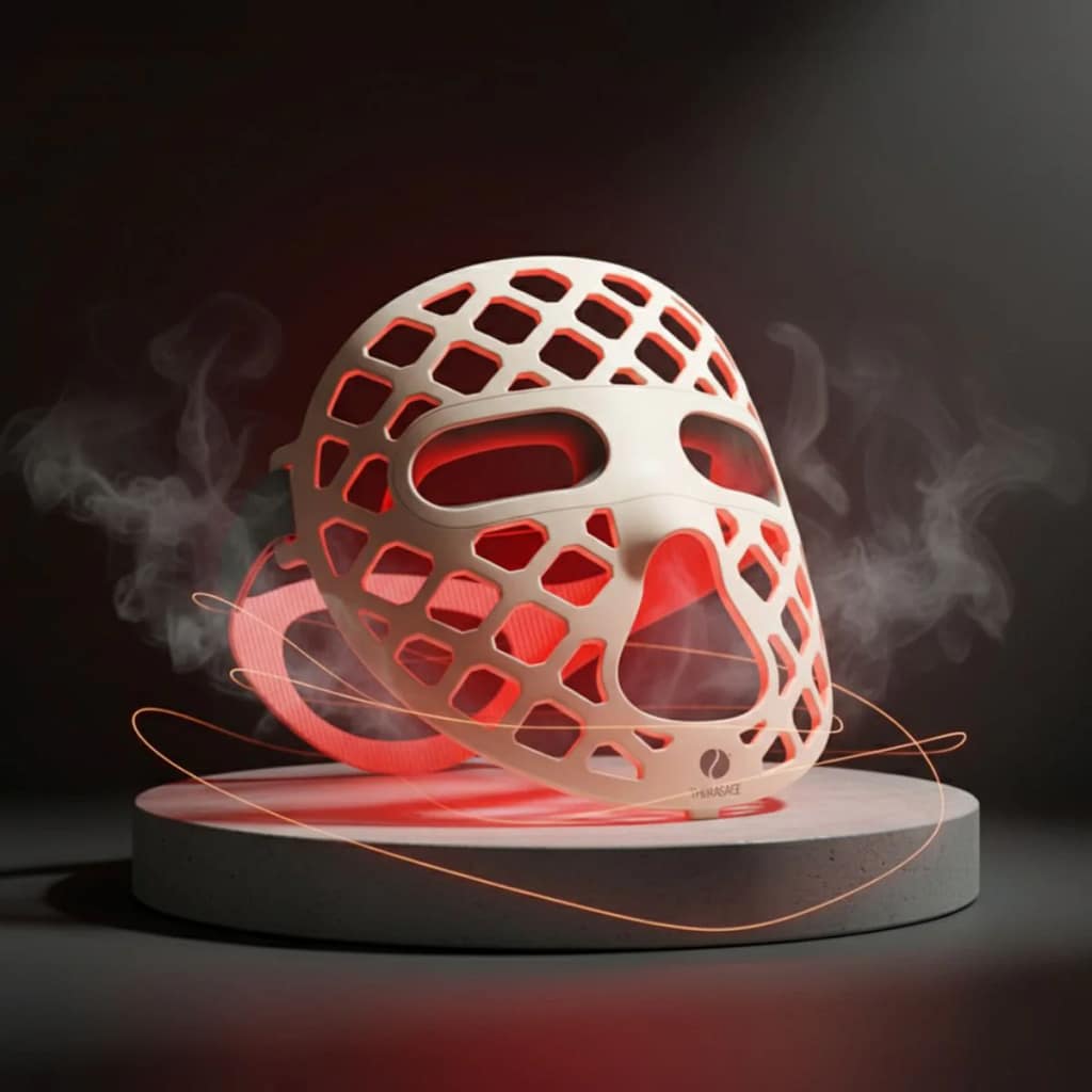 Therasage Mask2Go+ activated in red light mode for anti-aging and collagen-boosting therapy
