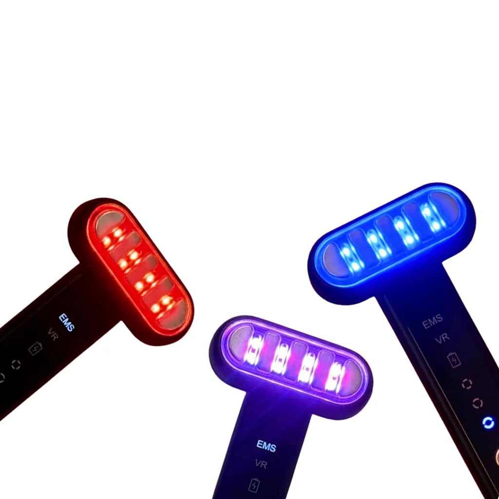 Therasage LED Wand tri-color wavelength demonstration showing red, blue and purple light therapy modes