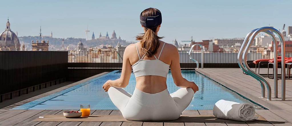 User meditating wearing Nushape Neurowrap Pulse Pro dual therapy headband review