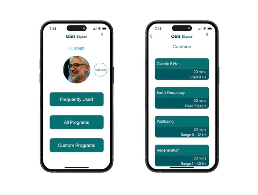 OMI PEMF Beyond Mat mobile app interface for program control and settings