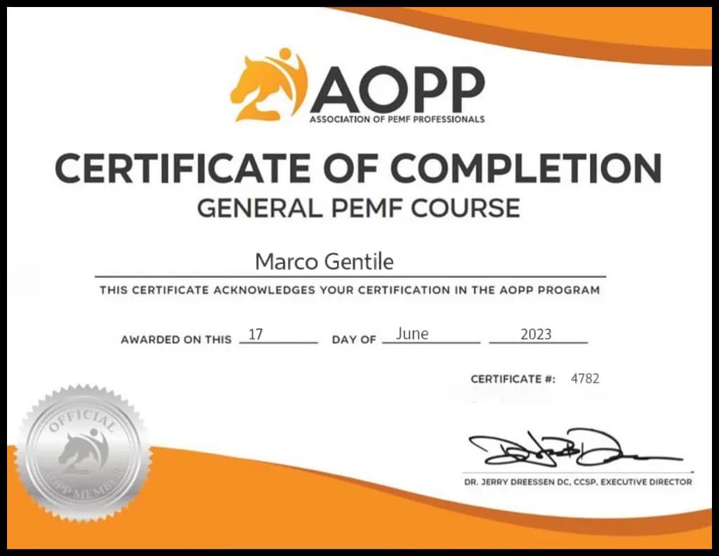 AOPP General PEMF Course Certificate of Completion. Marco Gentile is a Certified PEMF Professional