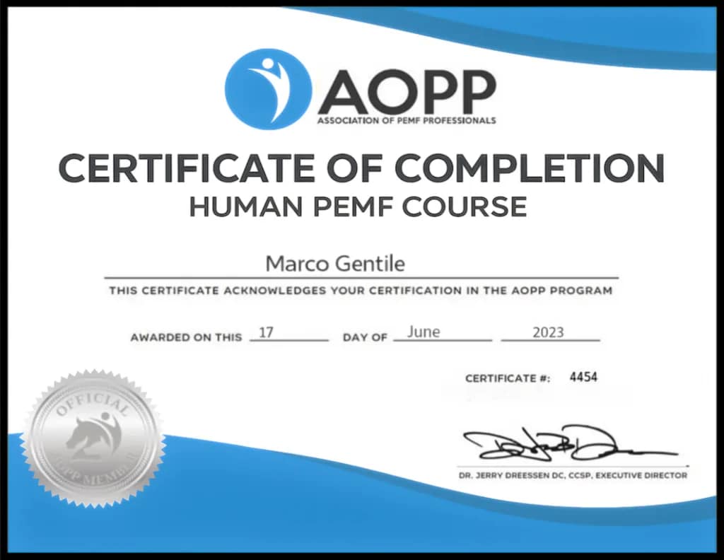 AOPP Human PEMF Course Certificate of Completion. Marco Gentile is a Certified PEMF Professional