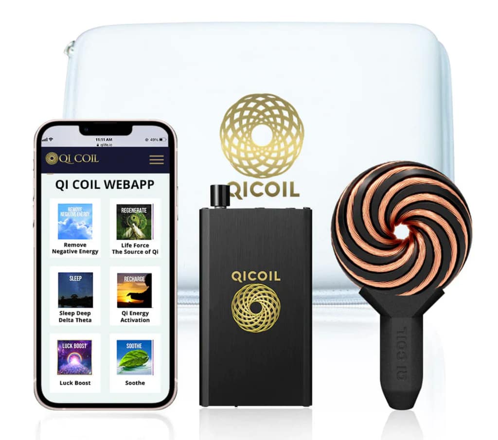 Complete PEMF kit with power bank and smartphone app shown in the Qi Life Mini review