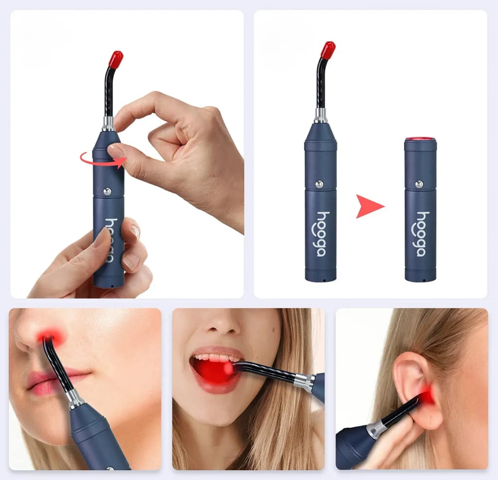 Hooga Red Light Therapy Torch precision tip installation guide and hard-to-reach area treatment instructions