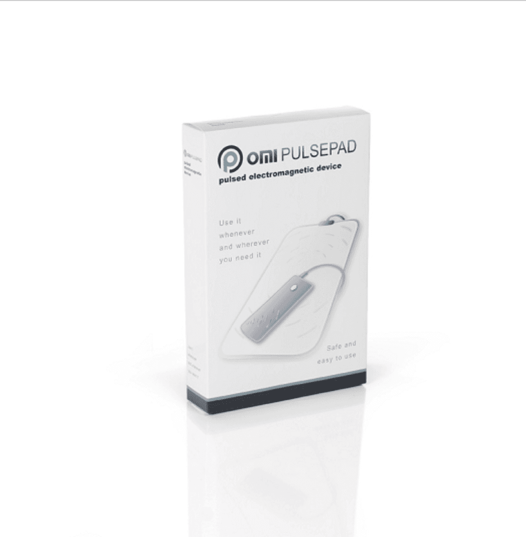 OMI PulsePad product packaging for personal PEMF treatment and travel convenience