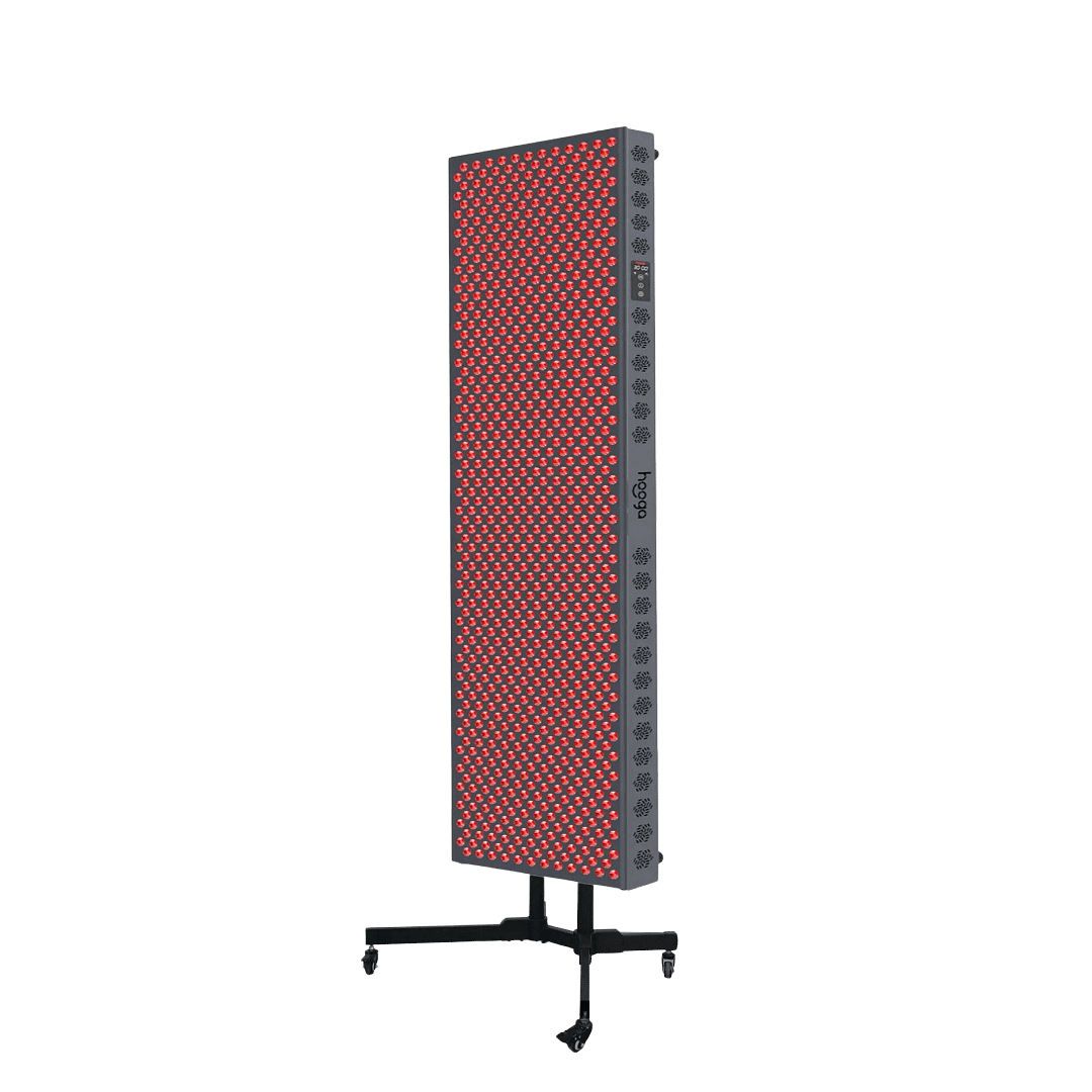 Hooga 4500 ULTRA Red Light Therapy Full-Body Panel mounted on vertical stand ready for treatment session