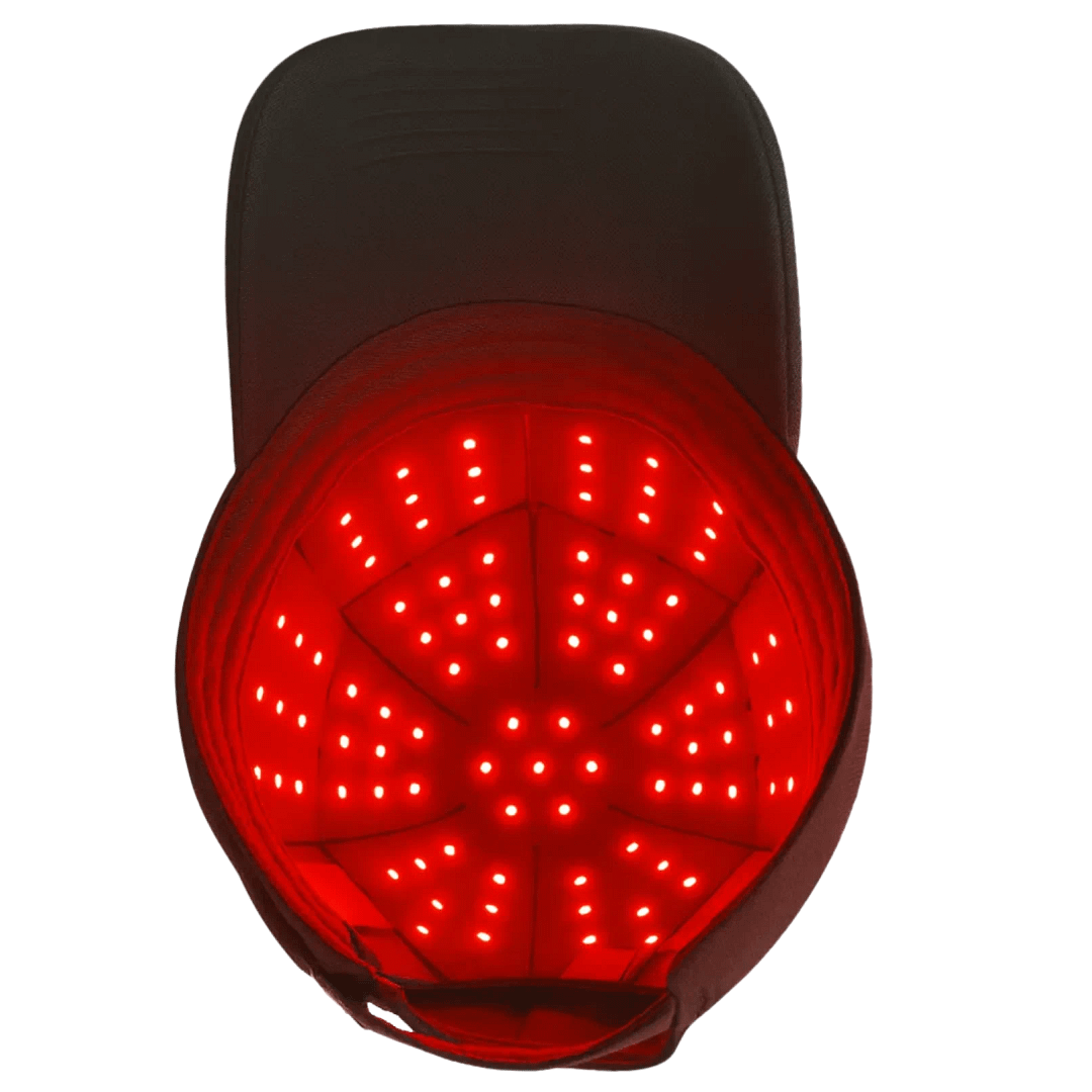 Overhead view of Kala Red Light Therapy Hat with illuminated LED panel in wireless operation mode