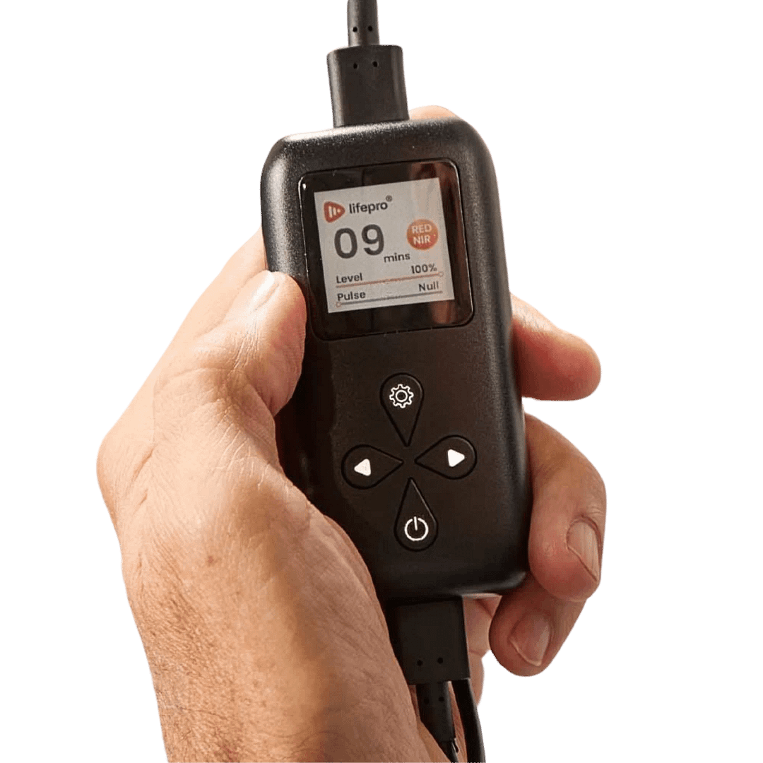 LifePro Red Light Therapy Belt controller with three-color mode selection and intensity settings