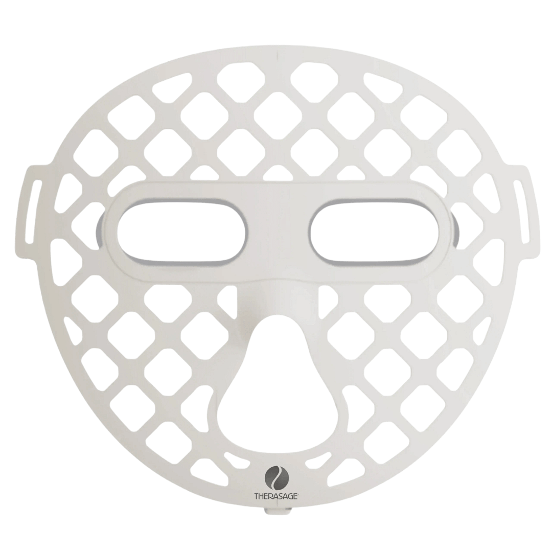 Therasage Mask2Go+ LED panel layout showing inactive tri-color therapy device