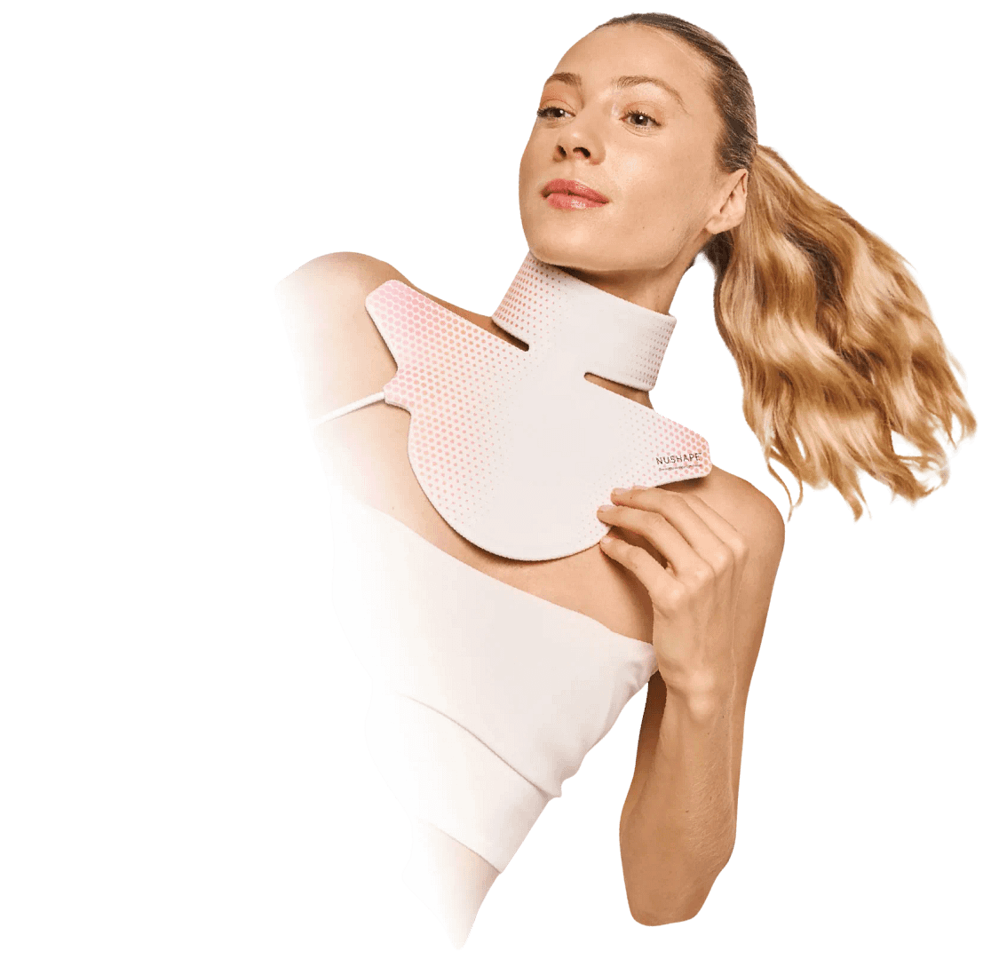 Woman in relaxation mode using Nushape LED Neck Piece for effortless battery-powered anti-aging therapy