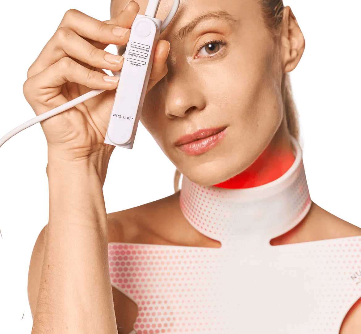 Woman demonstrating Nushape LED Neck Piece controller with dual-color settings and timer functions