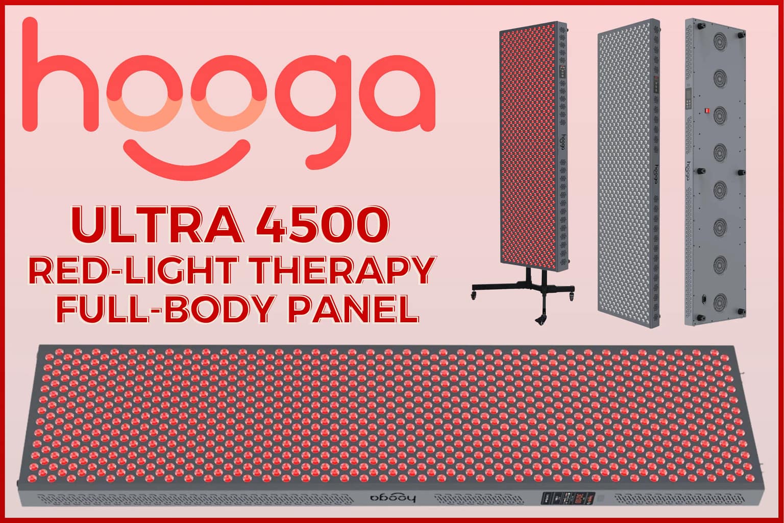 Hooga 4500 ULTRA Red Light Therapy Full-Body Panel Review showing illuminated dual wavelength LED treatment device