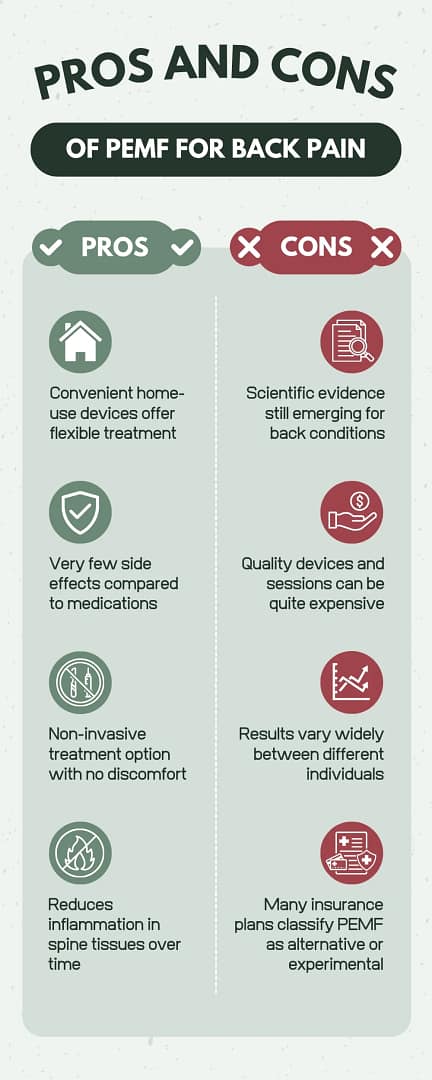 pemf for back pain - pros and cons - infographic