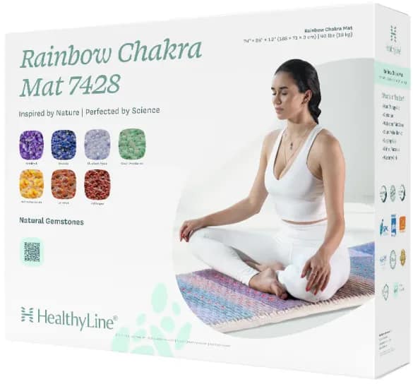 Confezione del Materassino PEMF Rainbow Chakra di HealthyLine con dettagli del prodotto