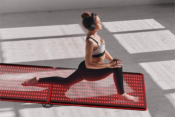 Woman practicing yoga on expanded BestQool Red Light Mat system with dual connected panels