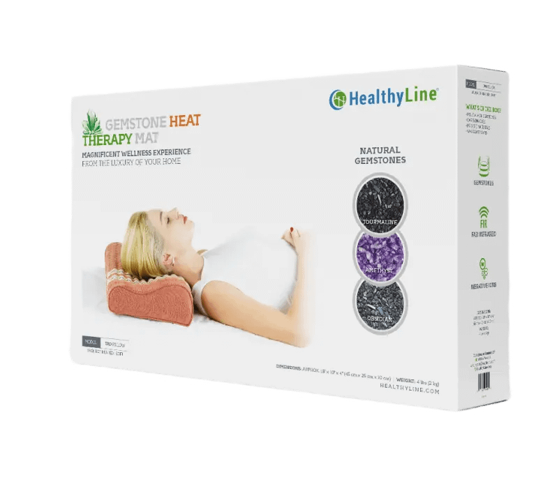 Official packaging of the HealthyLine TAO Matrix PEMF Pillow featuring its multi-therapy benefits for pain relief