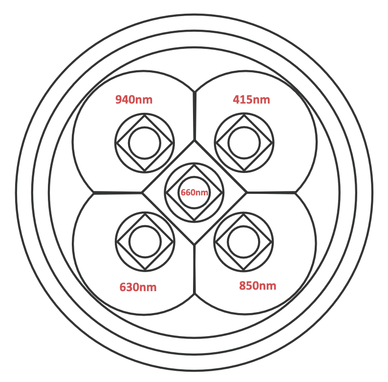 Technical diagram of Hooga Red Light Therapy Torch showing individual LED placement and multi-wavelength array configuration