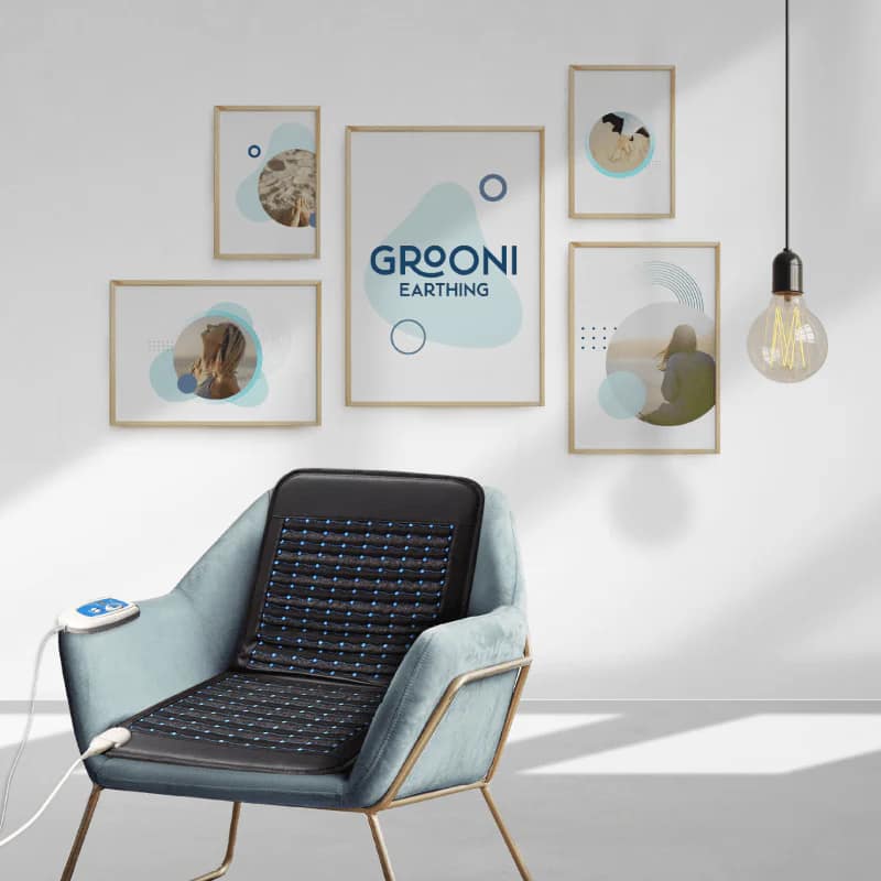 Lounge chair with Grooni PEMF chair mat for seated PEMF and grounding