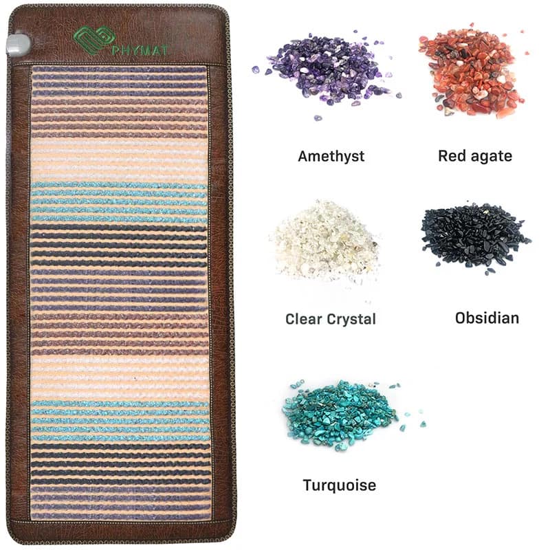 Phymat Chakra PEMF mat displayed alongside its 5 natural healing gemstones