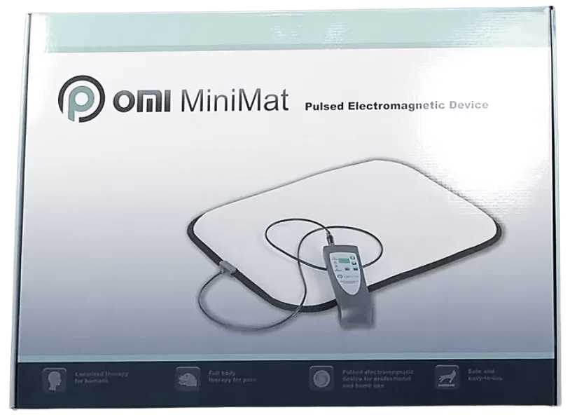 OMI PEMF MiniMat packaging showcasing portable PEMF device for pets and personal use