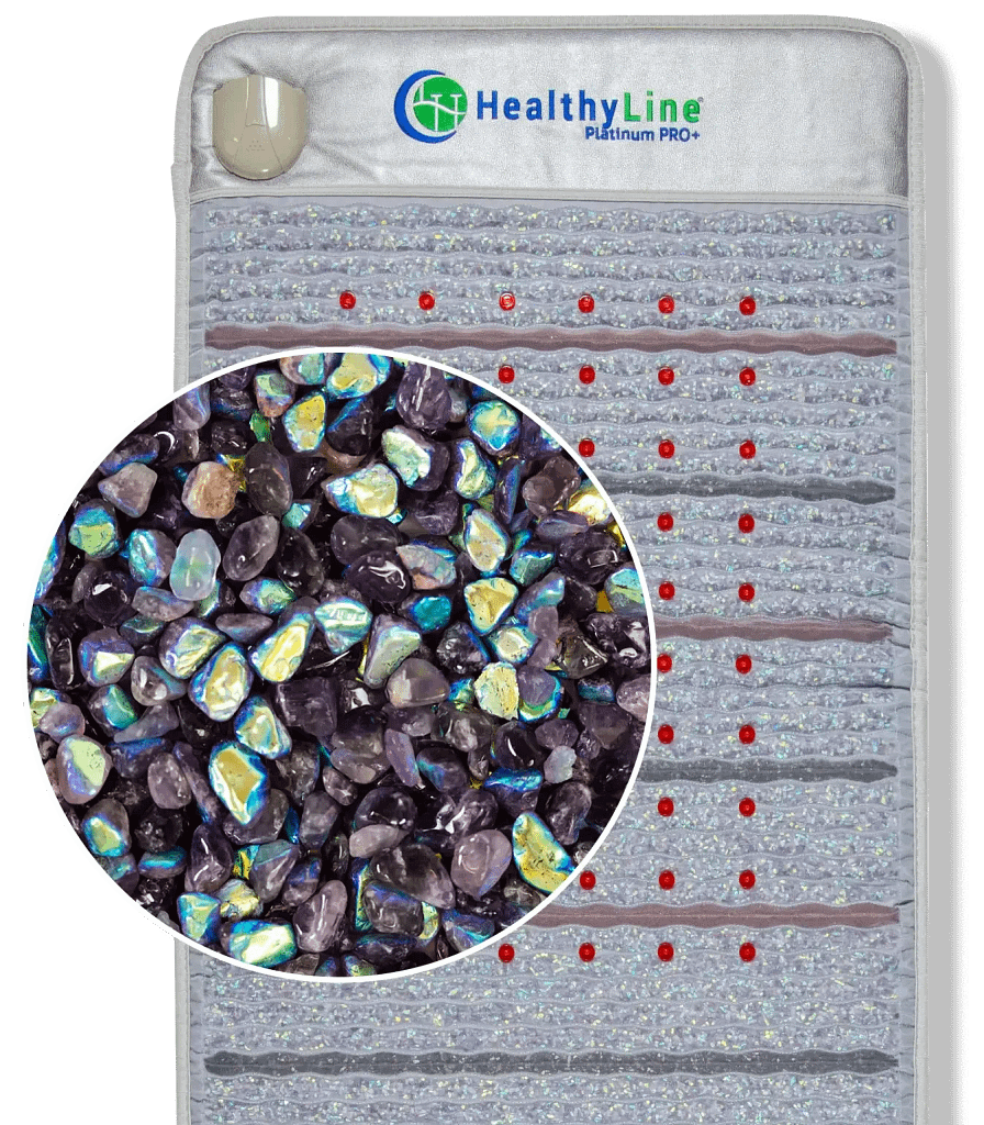 Pietre preziose di ametista all'interno del materassino PEMF Platinum HealthyLine per guarigione cristallina ed equilibrio energetico