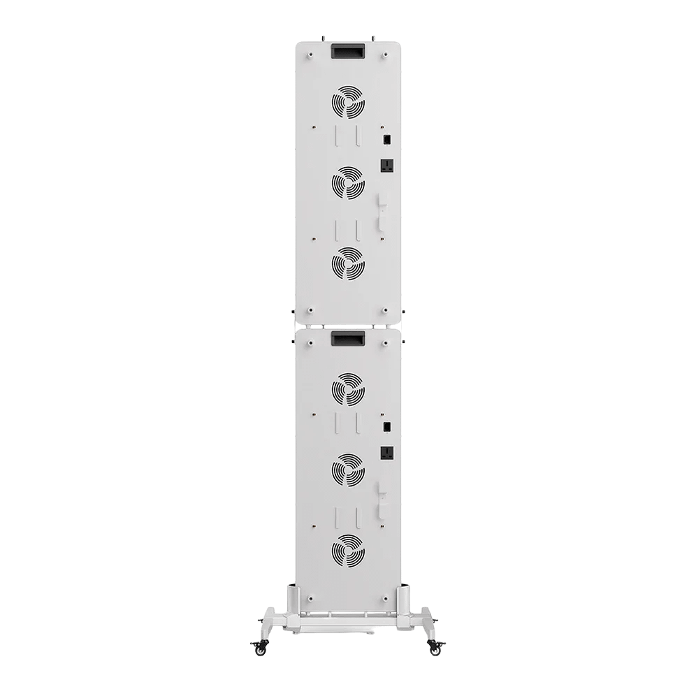 Rear view of BestQool Full-Body Panel mounted on adjustable vertical stand with cooling system