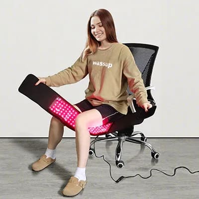 Young woman wrapping BestQool Red Light Belt around leg for targeted joint and muscle therapy